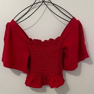 Lulus Linen Red Smocked Off-Shoulder Top